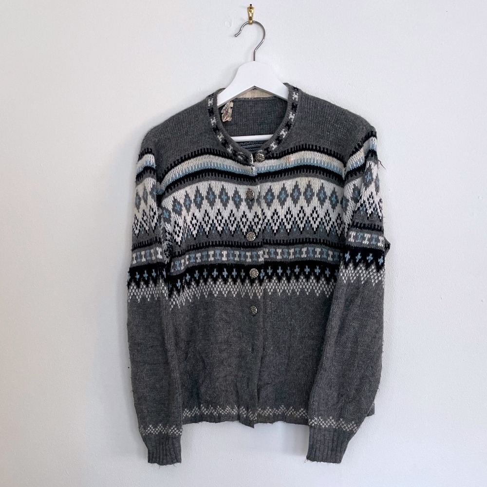 Vintage 60's Jersild Sweater Grey Fair Isle Geometric Button Cardigan Blue VTG